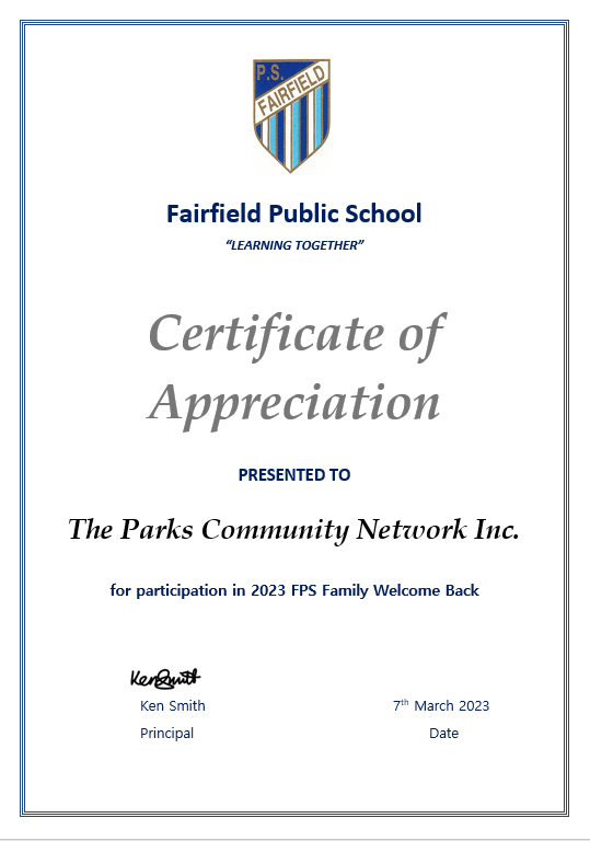 PARKS Cert of Appreciation